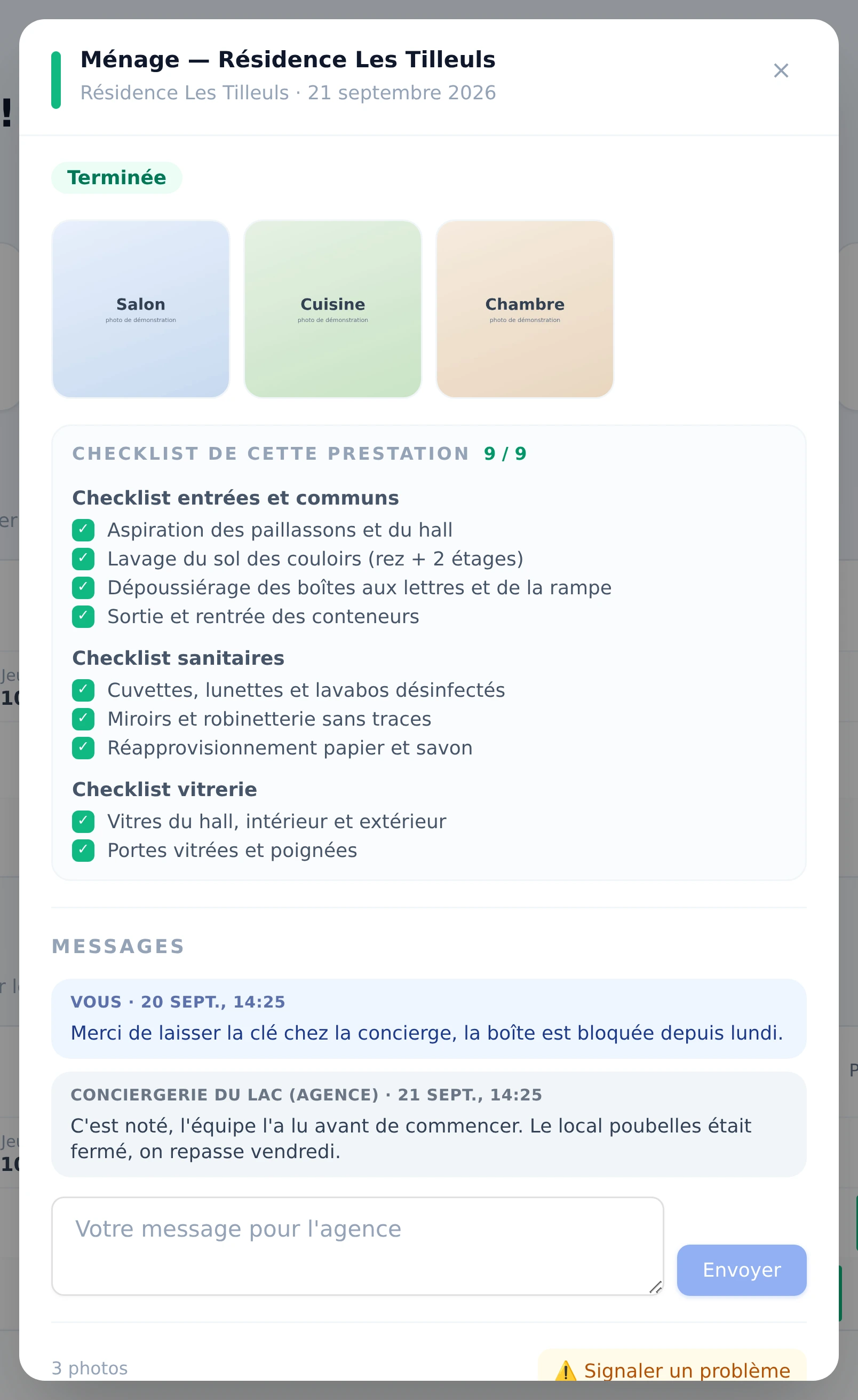 L'espace client : la prestation du 21 septembre, ses photos, la checklist cochée point par point et l'échange avec l'agence.