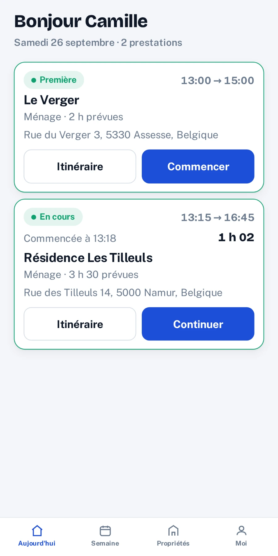 Écran « Ma journée » de l'application mobile : la prestation en cours avec son chronomètre, et la suivante avec son adresse.